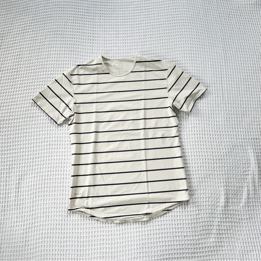 BYLT Men's Drop Cut LUX White with Blue Stripes Short Sleeve Shirt Size Large